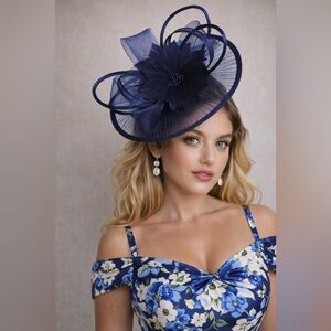 Kentucky Derby Hat Fascinator Elegant Navy Floral Feather Ascot Oaks Headwear